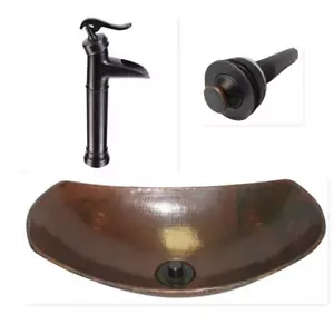 17" Oval Roman Sleigh Copper Vessel Sink with Lift and Turn Drain and ORB Faucet - Picture 1 of 5