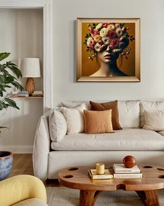 Printed Velvet Flower Face Lady Framed Artwork 85*85cm - Picture 1 of 7
