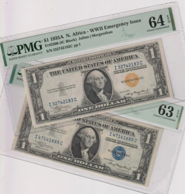 Fr 2306 1935A AFRICA $1 SC I32742183C PMG 64EPQ CHOICE BLOCK PAIR YELLOW + BLUE - Image 1 of 4