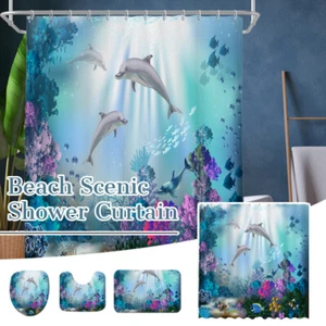 Juego de alfombras de baño 3D cortina de ducha delfín azul océano alfombra de baño cubierta tapa de inodoro - Imagen 1 de 16
