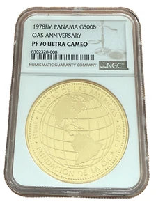 Panama 1978 FM Gold 500 Balboas NGC PF70UC OAS Anniversary - Picture 1 of 2