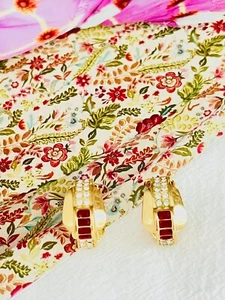 Christian Dior Vintage 1980s Four Ruby Crystals Half Hoop Dome Clip, Earrings - Picture 1 of 11