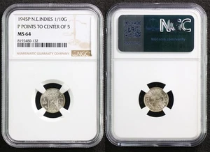 1945P Netherlands INDIES 1/10G P POINTS TO CENTER OF 5 NGC MS 64 - Picture 1 of 5