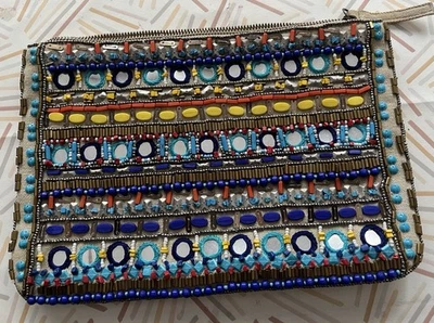 Elegante Clutch Tasche Bestickt Funkelnden Spiegel Pailletten Perlen Bunt - Bild 1 von 4