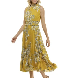 NANETTE LEPORE DRESS. SIZE 12 (US 8). MUSTARD, WHITE & BLACK FLORAL. PLEATED. - Picture 1 of 8