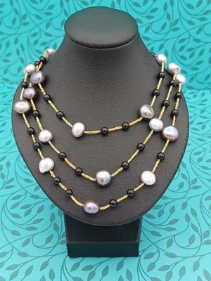 Vintage Layered Genuine 14K Gold Multicoloured Cultured Pearl & Onyx Necklace - Image 1 of 4