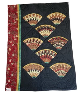 Handmade Patchwork Quilt Asian Fan Applique Cotton Batted Lap Wall Hang 40X54" - Picture 1 of 10