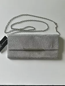 INC International Concepts Beaded Metallic Silver Clutch with removable chain - Picture 1 of 11