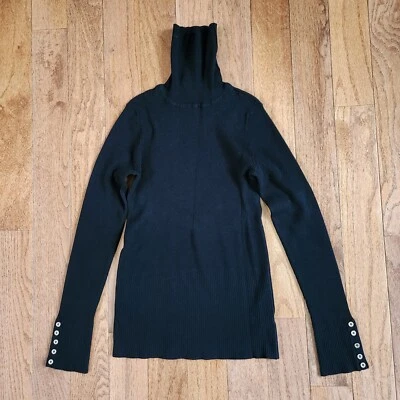 White House Black Market Women's Medium Black Turtleneck Sweater Button Sleeves - Image 1 of 4