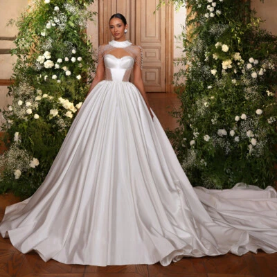 Vestidos De Noiva Beaded A-Line Wedding Dress Satin Train Princess Bridal Gown - Image 1 of 4