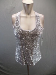 NWT INC Size SM Womens Silver Stretch Square Neck Racerback Sequined Top 311 - Picture 1 of 11