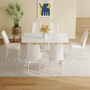 7 Piece Dining Table Set Wooden Dining Table w/ 6 White Upholstered Chairs - Picture 1 of 16