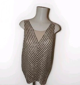 River Island Beaded Chevron Top Nude Black Silver Size 16 Sleeveless Party - Picture 1 of 8