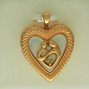 Mother & Child W/ Diamond Heart Locket 10K Yellow Gold Pendant Mother of Pearl - Picture 1 of 2