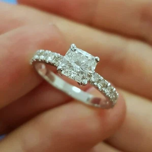 Cushion Simulated Diamond Solitaire Wedding Band Ring In 14k White Gold Plated - Picture 1 of 5