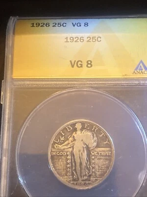 1926 .25  ANACS  VG 8   Standing Liberty Quarter,Liberty 25 Cents - Image 1 of 4
