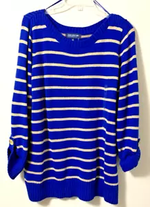 Jones New York Signature Sweater 1X Vintage NWT Blue Sapphire Gold Stripe Cozy - Picture 1 of 8