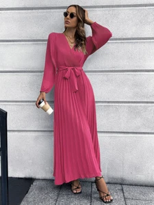 Women Casual Long Sleeve V-Neck Pleated A-Line Long Maxi Dress - Picture 1 of 24