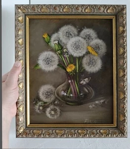 Dandelions still life oil original Flowers framed Painting 7.8*9.8" - Picture 1 of 10