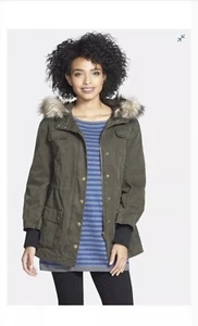 Nordstrom W’s XS Halogen Utility Jacket Army Green Faux Fur Hood - Picture 1 of 5