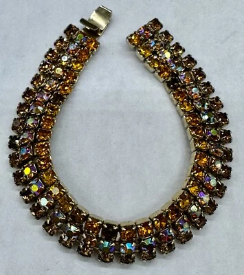 PULSERA PATRIMONIAL VINTAGE CRISTAL ÁMBAR AURORA BOREAL RIVOLI 3 FILAS TONO DORADO Foto 1 de 4