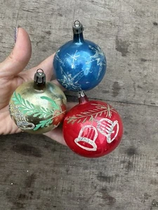 Lot of 3 Vtg Ornaments Poland Hand Painted Ball Blue Gold Red Mercury Glass - Picture 1 of 4