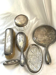 6 PC VICTORIAN ANTIQUE STERLING SILVER VANITY SET MONO R UNUSED - FREE SHIP - Picture 1 of 14