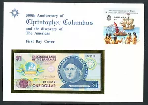 BAHAMAS 1992 FDC $1 bank note Columbus Discovery of America - Picture 1 of 3