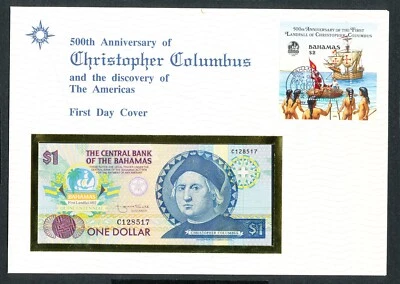 BAHAMAS 1992 FDC $1 bank note Columbus Discovery of America - Image 1 of 3