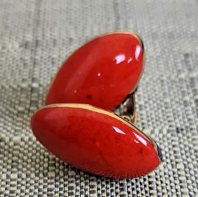 Red/Orange Oval w/Gold Tone Accent Clip On Classic Style Earrings, Made in Italy - Image 1 of 4