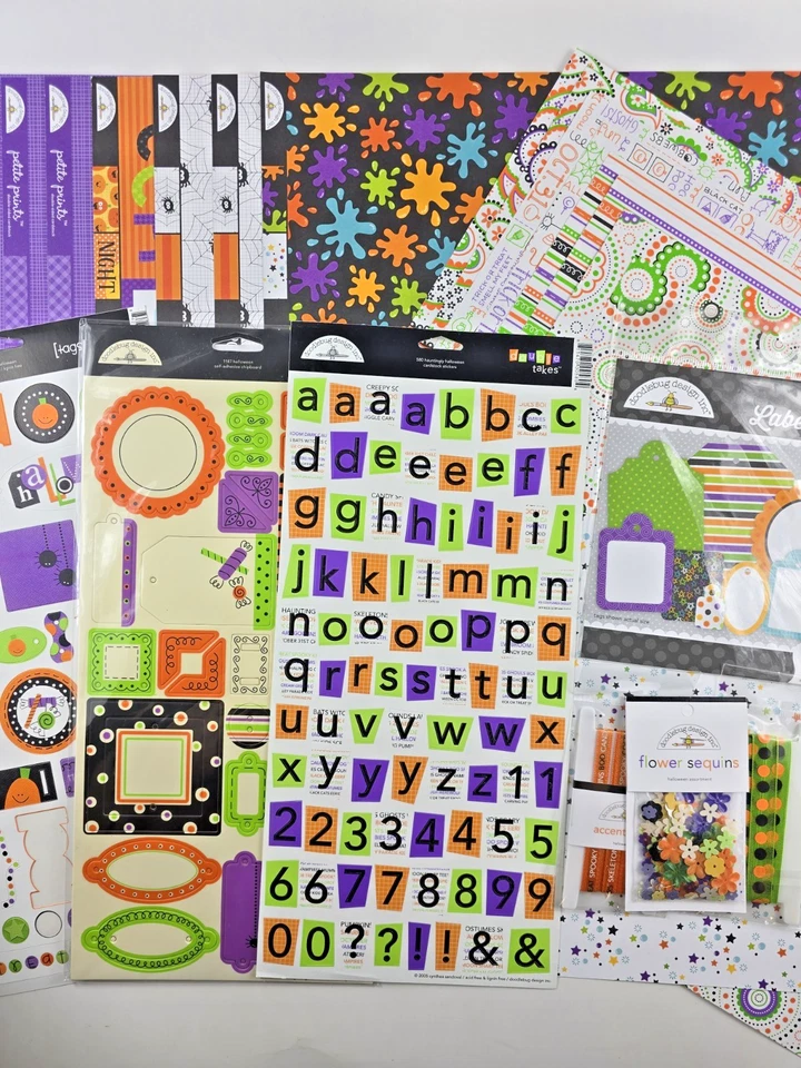 DOODLEBUG Scrapbook HALLOWEEN LOT - Paper Stickers Sequins Buttons Tags Elements - Image 1 of 4