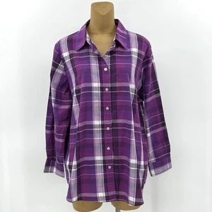 Woman Within 1X 18/20/22 Oversize lila kariert Knopfleiste Oberteil Baumwolle Hemd Damen - Bild 1 von 10