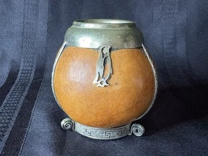 Vintage Silver Rim Footed Yerba Mate Gourd Cup with Penquin on Front - Picture 1 of 7