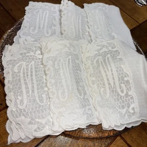 6 Madeira Leinen Organdy Monogramm M/W Cocktail Servietten SELTENER FUND New Old Stock - Bild 1 von 5