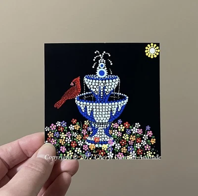 Impresión artística de punto cardenal y fuente de Cheryl Garman-Andrade. 4" X 4" Foto 1 de 3