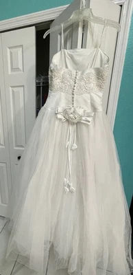 NEW* White SATIN Bodice BEADED BUST Tulle Ball Gown Spag Straps Sz 12, PC Mary's - Image 1 of 4