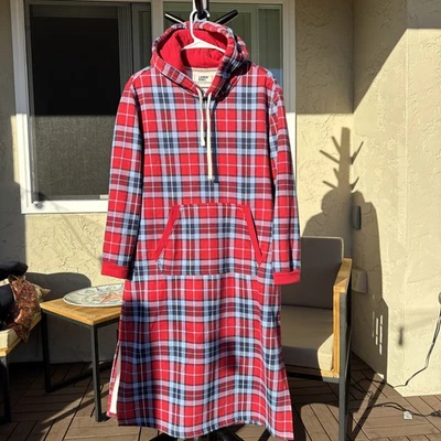Ночная рубашка с капюшоном Lands End Serious Sweats M красный синий клетчатый карман рождественские пижамы - Изображение 1 из 4