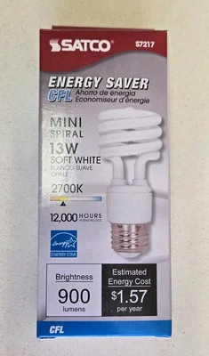 12 SATCO S7217 13W Mini Spiral 2700K CFL LampT2 60W Equal TCP 4T213 (Set Of 12) - Image 1 of 4