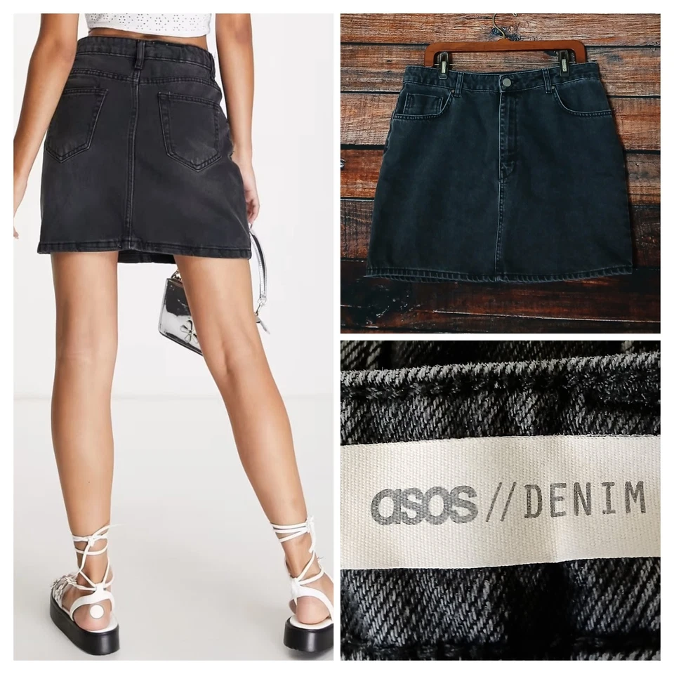 Mini falda vaquera negra lavada talla 12 de ASOS de 5 bolsillos con cremallera 100 % algodón  Foto 1 de 4