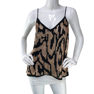 Madison Marcus Womens Sz S Silk Bejeweled Tank Top Black Bronze Spaghetti Strap - Image 1 of 4