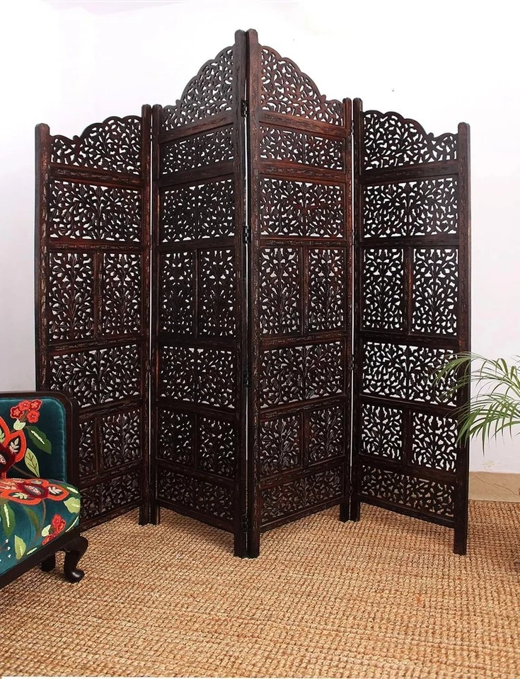 Room Divider Wood Screen - Mahanadi Antique Brown - 4 Panel Folding 72X80 - Wood - Image 1 of 4