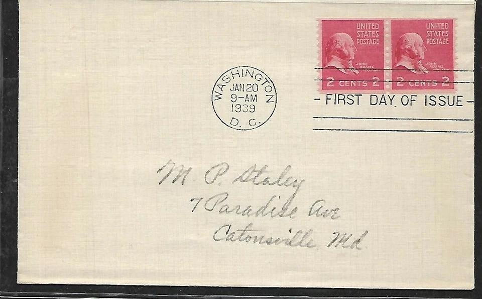 USA 1939 FIRST DAY COVER COIL PAIR JOHN ADAMS - Image 1 of 1