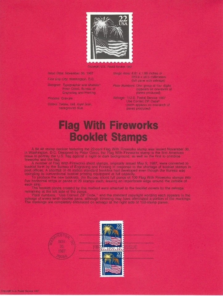 US Scott#SP783 (2276a) 22c Flag with Fireworks Booklet 2 Souvenir Pages NH 1987 - Image 1 of 1