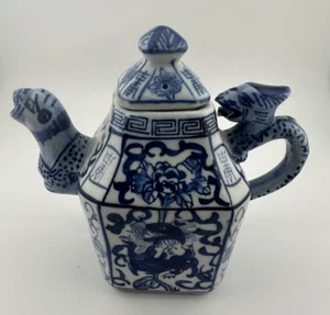 Chinese Tiny Dragon Lizard Teapot  Square Blue White Porcelain 4" Tall 5" Wide - Picture 1 of 13