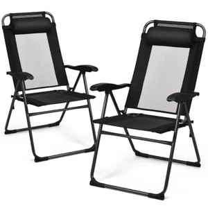 2PC Folding Chairs Adjustable Reclining Chairs with Headrest Patio Garden Black - Picture 1 of 12