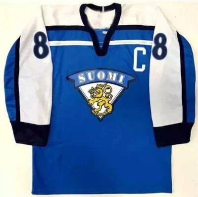 Selanne #8 Hockey Jersey Team Finland Retro Sewn Custom Any Name Vintage - Image 1 of 2