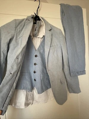 H&M Blue Suit 8-9 Years Formal Wear Linen Style Now Tie Blazer Waistcoat - Image 1 of 4
