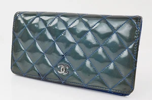 Authentic CHANEL Green Quilted Patent Leather CC Long Wallet Coin Purse #56812 - Picture 1 of 18