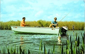 Postal de dos hombres pescando desde barco pequeño - Imagen 1 de 2