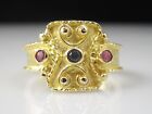 Etruscan Ring Blue Sapphire Ruby 14K Yellow Gold Estate Size 75